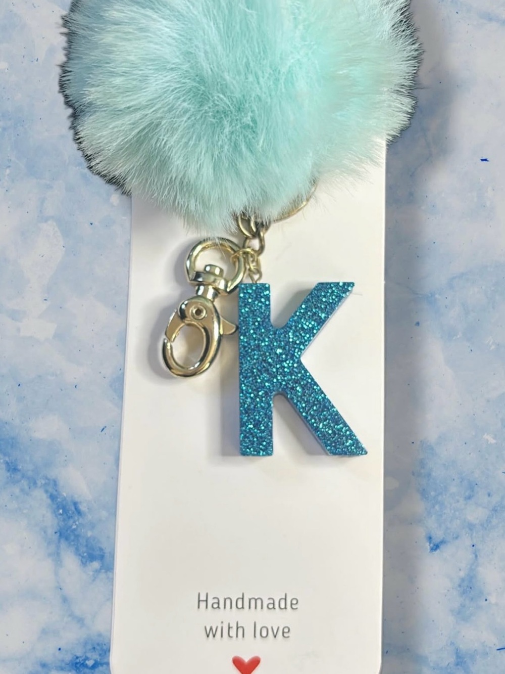 Handmade Keychain with Blue Glitter 'K' Initial